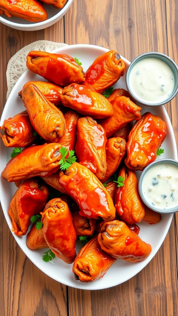 Golden crispy chicken wings on a platter with fresh parsley and dipping sauces.